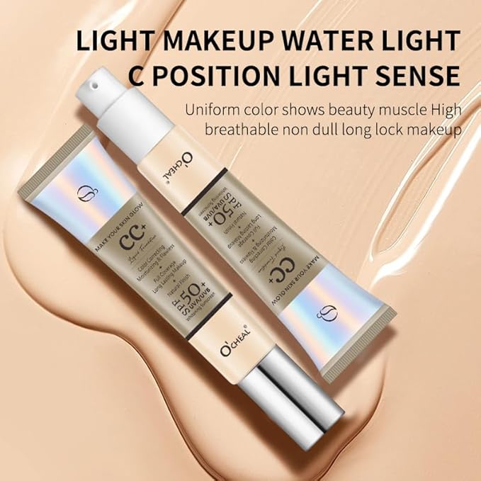 Color Correcting CC Cream, 2 Colors Natural & Ivory SPF 50 CC Cream Foundation Full-Coverage Concealer Invisible Pore Evens Skin Tone Hydrating Lightweight Long Lasting Waterproof 1.05 fl oz