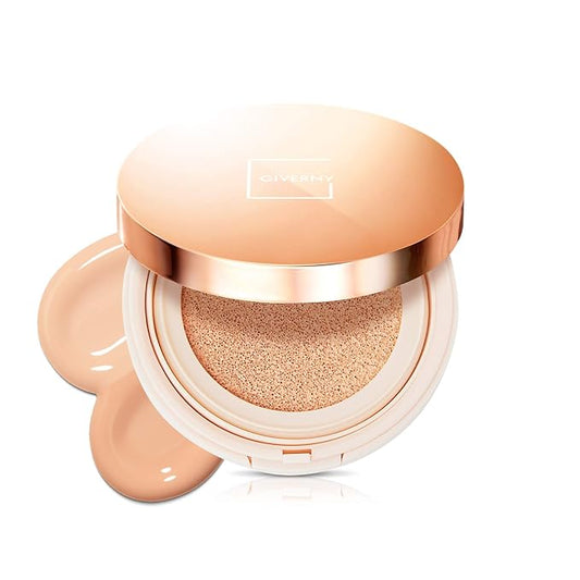 GIVERNY Milchak Cover Foundation Cushion with Refill #21 Light Beige - Moist Finish for All Skin Types - Flawless Coverage Face Makeup - Lightweight Formula for Satin Glass Texture, 0.4oz x 2