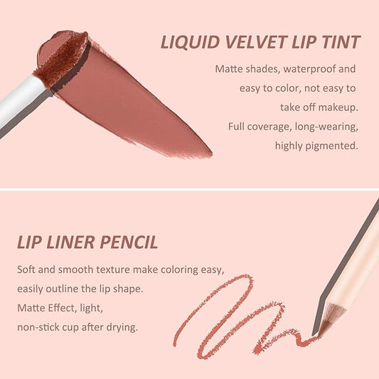 Boobeen Liquid Matte Lipstick and Lip Line Pencil Set, Nude Red Lip Makeup Longwear Waterproof Lipliner Pens & Velvet Lip Stain Lip Gloss Smooth Matte Lip Color Make Up Gift Set