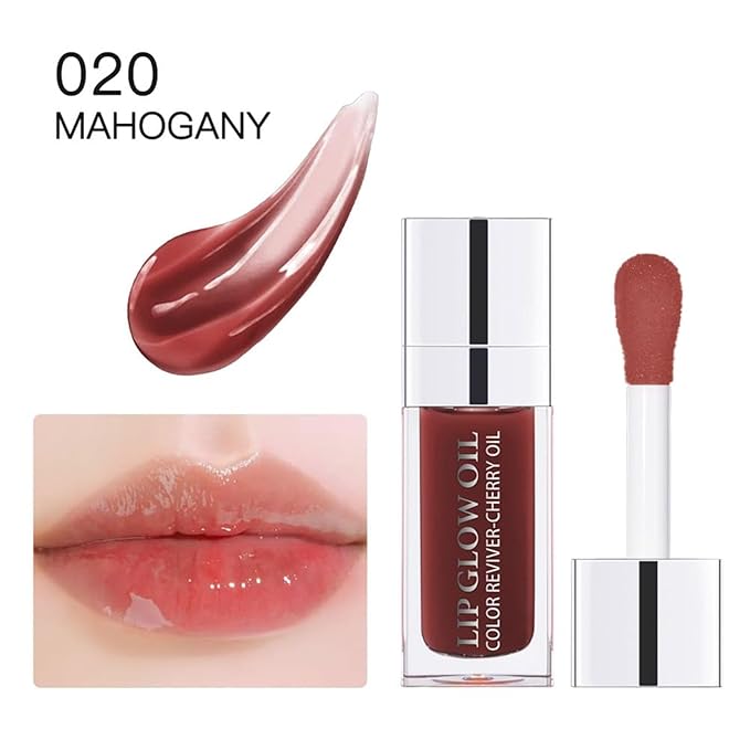 Hydrating Lip Glow Oil-Lip care oil- Lip Oil Tinted for Lip Care and Dry Lips-Prevents Dry Cracked-Non-sticky Big Brush Head-Lip Plumping -Lip Oil gloss tinted-020#MAHOGANY
