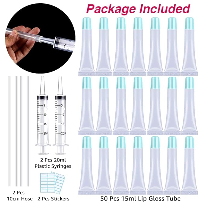 AMORIX 50PCS Lip Gloss Tubes 15ml Blue Lip Gloss Containers Empty Lip Balm Tubes Refillable Cosmetic Squeeze Lipgloss Tubes + 2 x 20ml Syringes Labels for DIY Lip Gloss Base Glitter