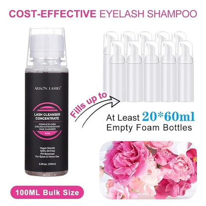 ARISON LASHES Lash Shampoo Concentrate for Lash Extensions Eyelash Cleanser Concentrate Oil-Free Eyelash Extension Shampoo with Salon Home Care(100ML Rose)