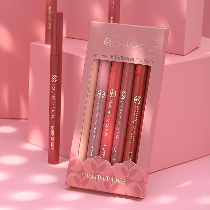 YOUNG VISION 6-Pc Lip Liner Set, Gourd-Shaped Precision Tip, Long-Lasting, Smudge-Proof, Easy Glide Nude Matte Lip Contour for Women, Perfect for Precise Lip Definition, Gift Set