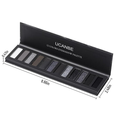 UCANBE Smokey Eyeshadow Palette, Dark Black White Gray Silver Natural Nude Matte Shimmer Eye Shadow Pallet for Smoky Emo Goth Makeup, 12 Color High Pigmented Long Lasting Waterproof Pallete with Brush