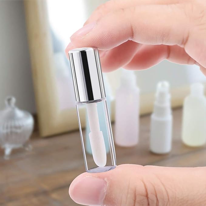 Case of 45 packs, Empty Plastic Clear Lip Gloss Tubes Lip Balm Bottle Container Silver Transparent 1.2ML Makeup Tool for Women (45 pcs, Silver)