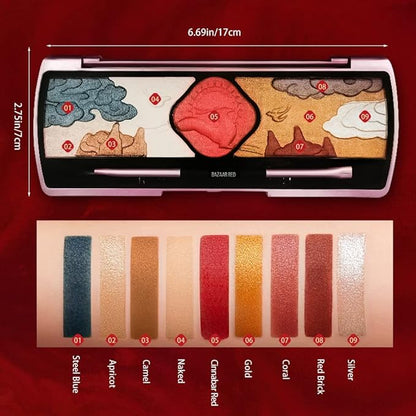 Xaena Carved Flower Pattern Eyeshadow Palette - Colorful Eye Makeup in 9 Shades with Eyeshadow Brush and Mirror - Embossed Palette for Creative Looks