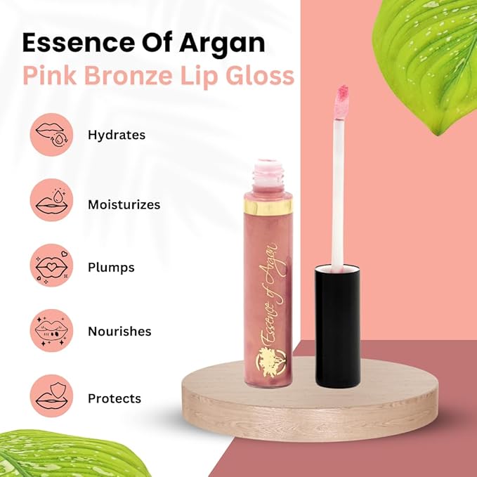 Essence Of Argan Pink Bronze Lip Gloss with Moroccan Argan Oil to Moisturize and Plump your Lips – Lip Care to Eliminate Dryness - Pink Bronze Glossy Finish 0.25oz