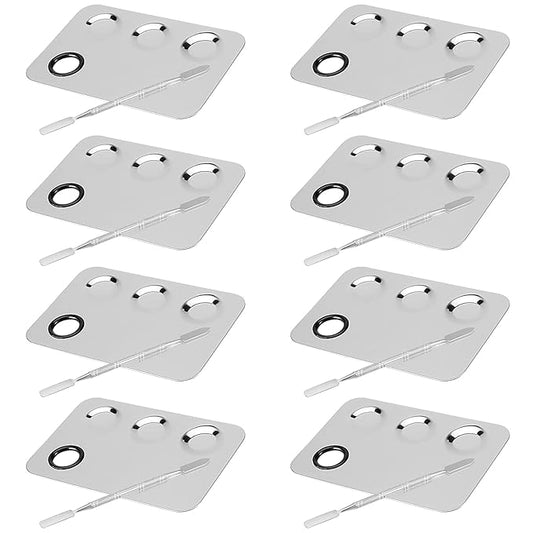 JAPCHET 8 PCS Mixing Makeup Palettes, 3-Well Makeup Palette Mixer Tray, Stainless Steel Cosmetic Palette with 8 PCS Spatula Tool, Multipurpose Makeup Applicators for Nail-Art, Cosmetic, Pigment