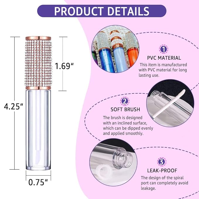 AMORIX 6pcs Lip Gloss Tubes with Wand 5ml Empty Rhinestone Lip Gloss Containers Lipgloss Bottles Crystal Lipgloss Supplies Kit with Syringe