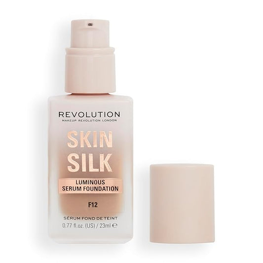 Revolution, Skin Silk Serum Foundation, Light to Medium Coverage, Lightweight & Radiant Finish, Contains Hyaluronic Acid, F12 Tan Skin Tones, 0.77 fl oz