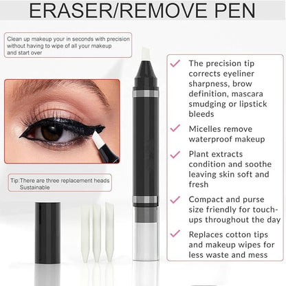 Eye Makeup Remover Pen, Makeup Remover Eraser Stick Corrector Stick Lipstick Eyeliner Eraser for Instant Touch Up Correction, Mascara Smudges Correction,Travel-Friendly Makeup Removing Pen With 3 Replacement Heads
