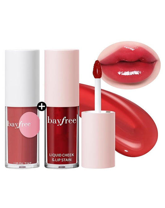 Tinted Lip Oil & Lip Stain Set, Korean Makeup, Smudge-Proof,Long-Wearing, 2-in-1 Cheek and Lip Tint with Moisturizing, High-Shine, Lightweight & Non-Sticky for Dry Lips, Cruelty-Free & Vegan