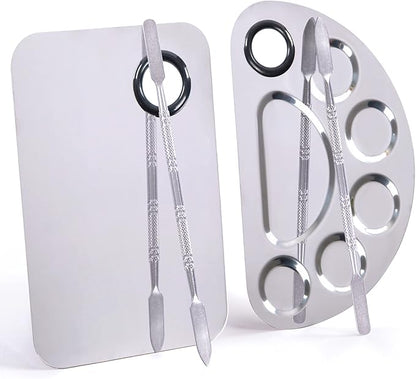 Stainless Steel Metal Makeup Palette with Spatula Artist Tool for Mixing Foundation Nail-Art, Cosmetic Makeup Palette, Makeup Plate, 6×4"/Silver/2pcs