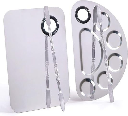 Stainless Steel Metal Makeup Palette with Spatula Artist Tool for Mixing Foundation Nail-Art, Cosmetic Makeup Palette, Makeup Plate, 6×4"/Silver/2pcs