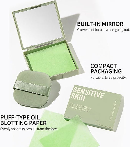 Erinde Oil Blotting Sheets for Face with Mirror and Puff, 100 Sheets Oil Blotting Paper for Oily Skin, Face Oil Absorbing Sheet, Natural Oil Control Film, Absorb Excess Oil, Makeup Friendly