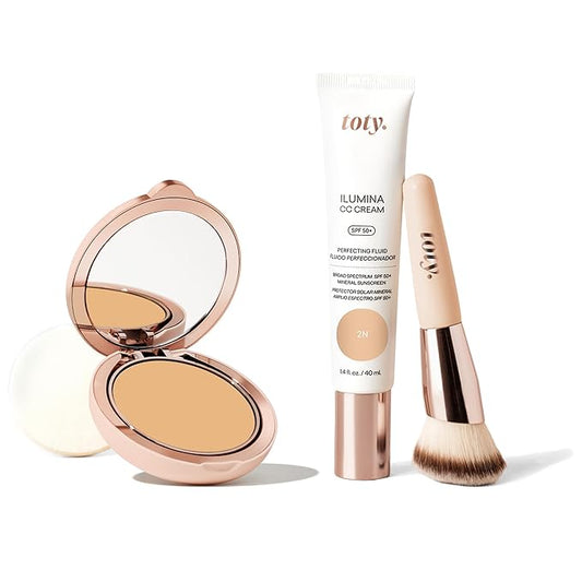 Toty by Sofia Vergara - Ilumina CC Cream 100% Mineral Color Correcting Cream + Ilumina CC Creamy Compact Mineral Broad Spectrum Sunscreen + Angled Complexion & Foundation Blending Brush - 2N