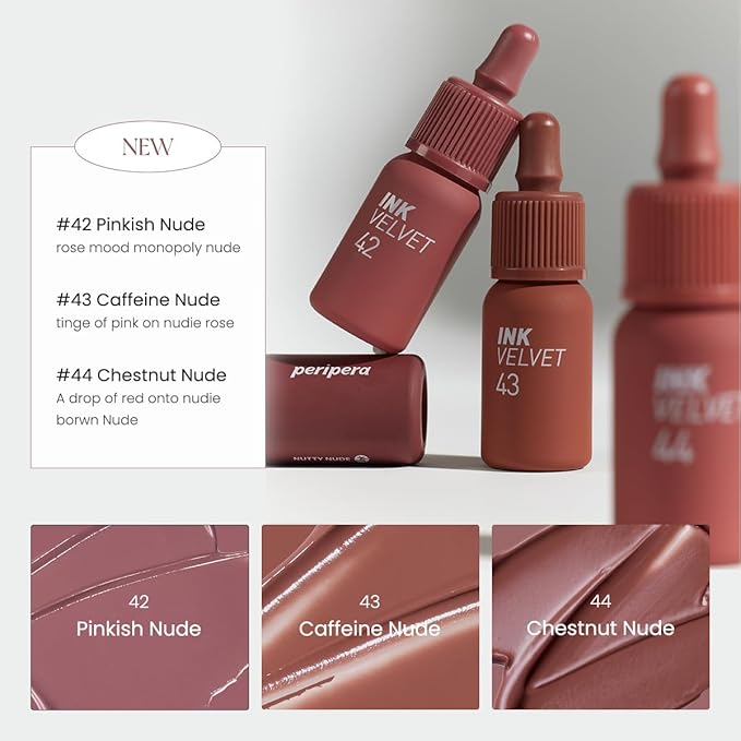 Peripera Ink the Velvet Lip Tint - High Pigment Color, Longwear Lip Stain, Weightless, Not Animal Tested, Gluten-Free, Paraben-Free, Korean Lip Tint (043 CAFFEINE NUDE (NEW))