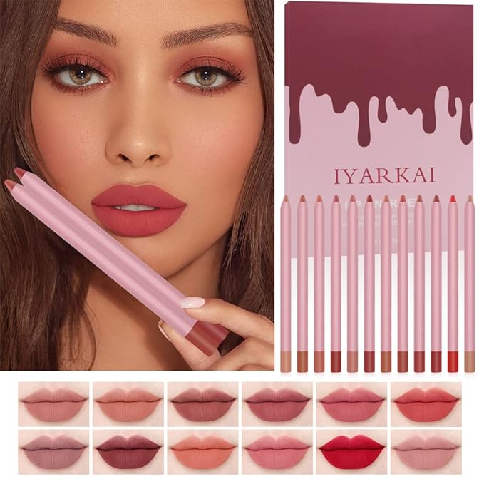 IYARKAI® Matte Lip Liner Pencil Set, 12 Colors Smooth Lip Liner Set, Matte Velvet Lipstick Pen, Smudge-proof and Waterproof, Long Lasting Fade Resistant, for Daily Travel Party Work
