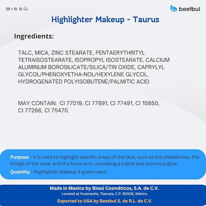 Bissú Powder Highlighter Makeup – Lightweight, Silky Formula for Radiant Skin, Easy Application, 10 Versatile Shades (02 Taurus, 4.5 Grams)