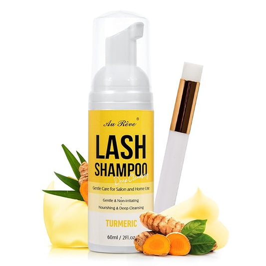 Lash Shampoo for Lash Extensions 60 Ml/2fl.oz Eyelash Extension Cleanser Oil Free Lash Cleanser for Eyelash Care, Gentle Foaming Eyelash Shampoo with Brush for Salon Home Care (Turmeric 60ml)