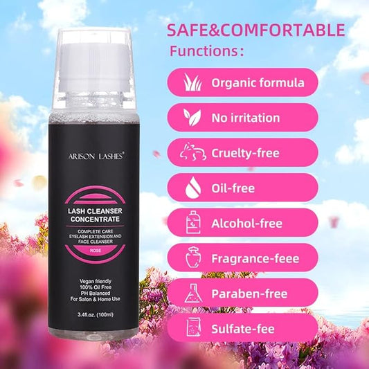 ARISON LASHES Lash Shampoo Concentrate for Lash Extensions Eyelash Cleanser Concentrate Oil-Free Eyelash Extension Shampoo with Salon Home Care(100ML Rose)