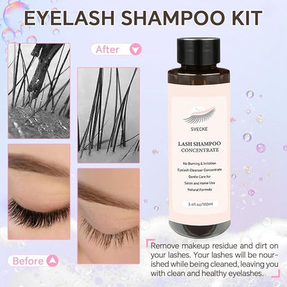 Lash Shampoo Concentrate 100ml for Lash Extension, Lash Shampoo Kit for Eyelash Cleansing, Oil-Free Eyelash Extension Cleanser Concentrate, Lash Cleaning Kit with Brush Bottle