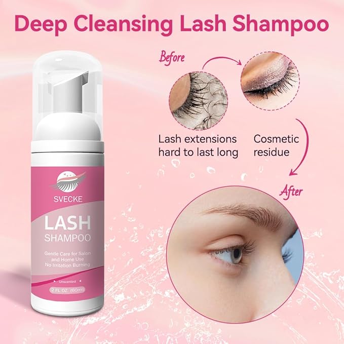 Lash Shampoo Kit, 2 fl.oz / 60ml Eyelash Cleanser, Lash Cleaning Kit with Brush, Eyelash Shampoo for Lash Extensions, Eyelash Remover for Salon and Home Use