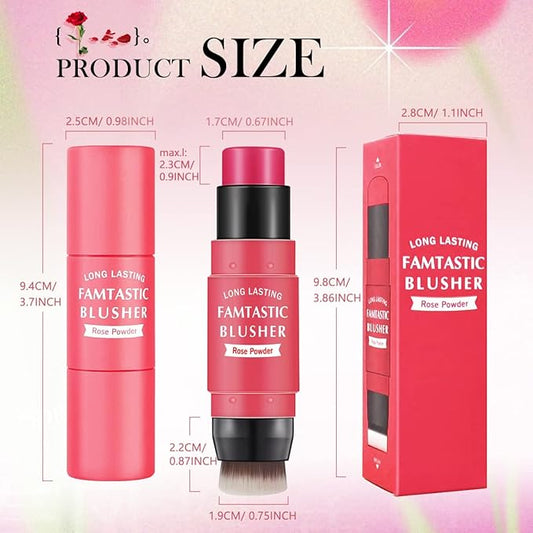 Cream Blush Stick for Cheeks - 2 in 1 Multi Makeup Blush with Brush for Cheeks Tint & Eyes & Lips, Waterproof Smooth Creme Texture, Long-lasting Wear All Day, #02 Rose Red