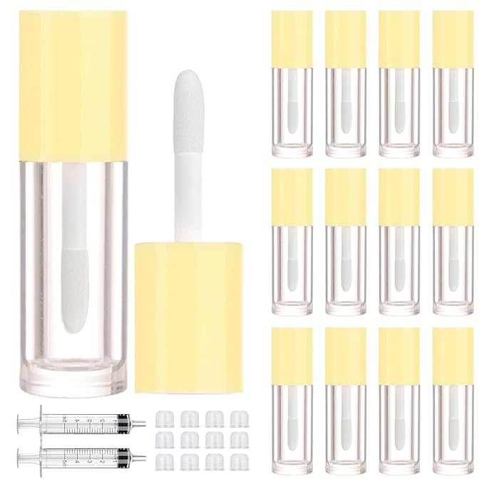 2.5ml 12 PCS Empty Lip Gloss Tubes with Wand Lip Gloss Containers Cute 0.08oz Clear Refillable Lipgloss Making Supplies Kit for DIY Makeup+ 2pcs Syringes (Yellow)