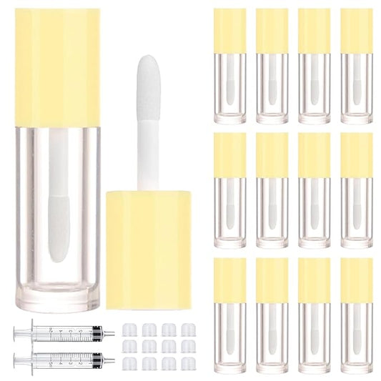 2.5ml 12 PCS Empty Lip Gloss Tubes with Wand Lip Gloss Containers Cute 0.08oz Clear Refillable Lipgloss Making Supplies Kit for DIY Makeup+ 2pcs Syringes (Yellow)