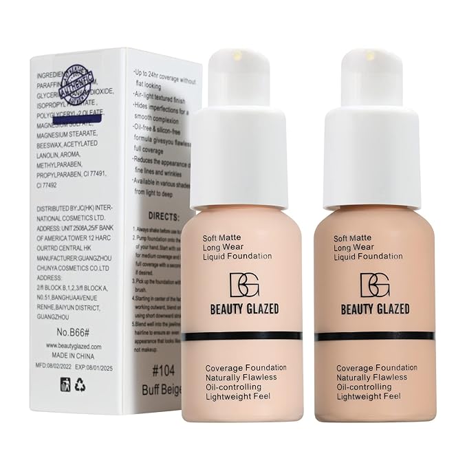 Beauty Glazed Soft Matte Silky Full Coverage Liquid Foundation - Multi-Use Buildable Foundation with Lightweight Feel, Oil Control and Longwear for Naturally Flawless Coverage (101 Porcelain)