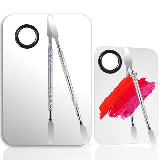 2 Set Makeup Mixing Palette,Stainless Steel Makeup Palette with Spatula Professional Make up Artist Must haves Make up Palette,Suitable for Mixing Foundation Make up Eye Shadow and Nail(Silvery）