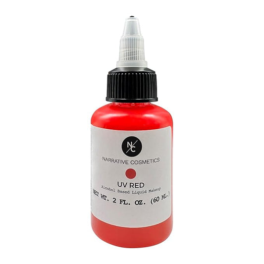 UV Fluorescent Alcohol Airbrush Paints - 2 fl oz, Glow Effect, Waterproof, Sweatproof, Highly Pigmented Liquid Makeup for Bodypainting, Film, TV, Festivals - UV Red