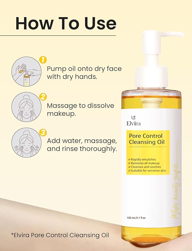 Elvira Pore Control Cleansing Oil, Makeup Remover for Sensitive, Oil Cleanser for Face, Blackhead Removal, Korean Skin care, Hydrating, Fragrance-Free