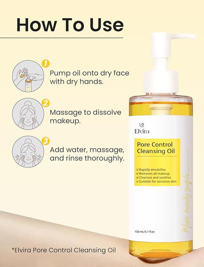 Elvira Pore Control Cleansing Oil, Makeup Remover for Sensitive, Oil Cleanser for Face, Blackhead Removal, Korean Skin care, Hydrating, Fragrance-Free