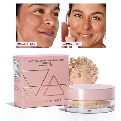 Loves-You-Back 3in1 Mineral Powder Foundation (CARAMEL 1) | Designed for acne-prone, sensitive skin reducing the appearance of acne and scars without layers | Vegan + Cruelty Free