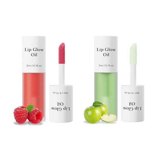 Hydrating Lip Glow Oil - 2PCS Tinted Moisturizing Lip Gloss Plumping Long-Lasting Shiny Fruit Flavor Lip Stain, 0.10 Fl Oz (Raspberry&Green Apple)