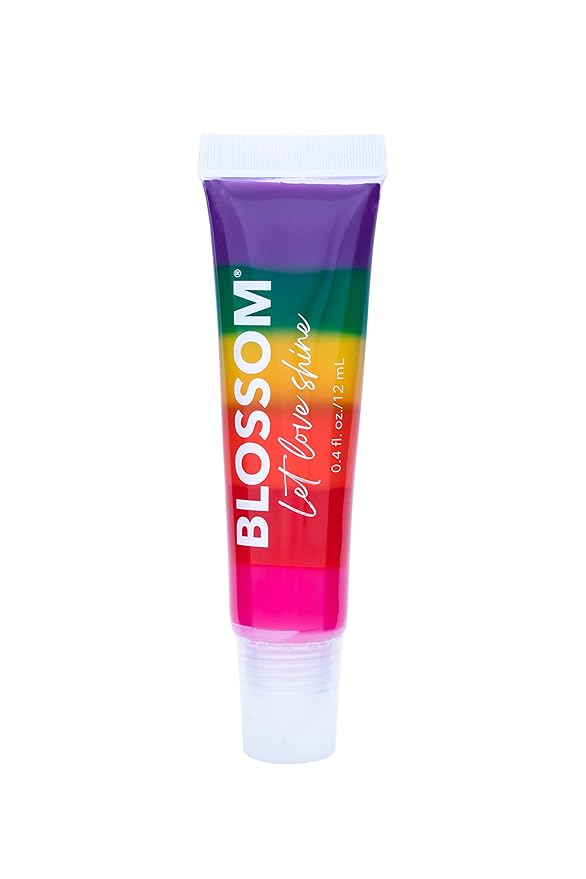 Blossom Tinted Lip Gloss, High Shine Lip Gel, Strawberry Scented, Thick Moisturizing Lip Gloss Tubes, Infused with Real Flowers, 0.4oz, Let Love Shine Rainbow