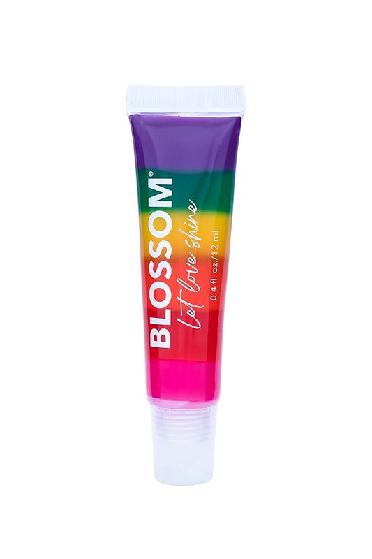 Blossom Tinted Lip Gloss, High Shine Lip Gel, Strawberry Scented, Thick Moisturizing Lip Gloss Tubes, Infused with Real Flowers, 0.4oz, Let Love Shine Rainbow