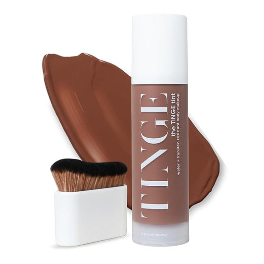 Tinge Body Makeup & Brush Bundle, 48-Hour Medium Coverage Tint with Hyaluronic Acid, Semi-Matte, Water & Transfer Resistant, Vegan, Kabuki Brush for Streak-Free Blending, Deep Cool, 3.38 Fl Oz