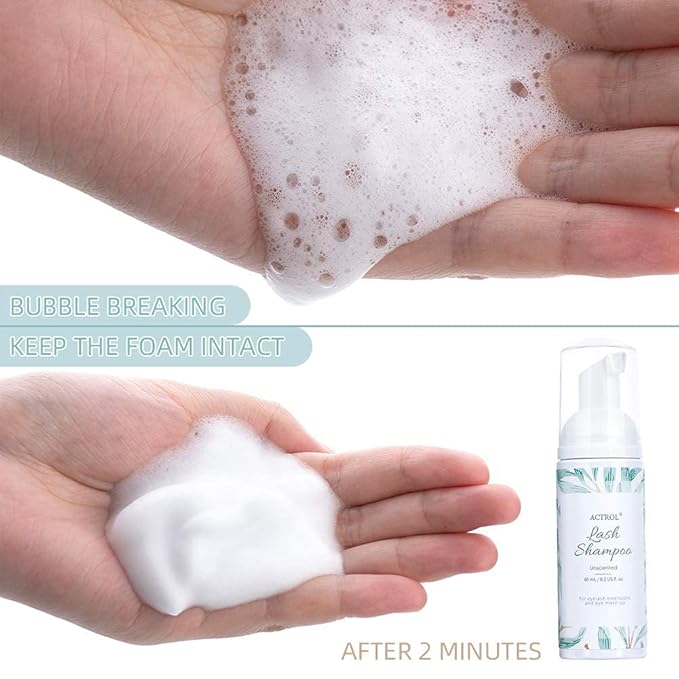 Eyelash Extension Shampoo Kit 60ml Unscented Lash Extension Cleanser with Lash Fan Black Professional Eyelid Foaming Cleanser Paraben & Sulfate Free Non-lrritating