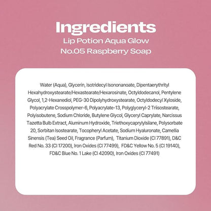 Lip Potion Aqua Glow No.5 Raspberry Soap | Hydrating, Non-Sticky Gloss with Sheer Radiance | 0.3 Oz