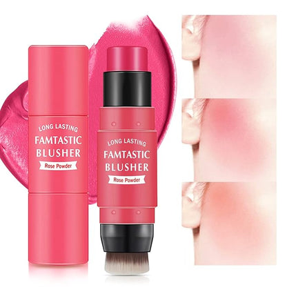 Cream Blush Stick for Cheeks - 2 in 1 Multi Makeup Blush with Brush for Cheeks Tint & Eyes & Lips, Waterproof Smooth Creme Texture, Long-lasting Wear All Day, #02 Rose Red