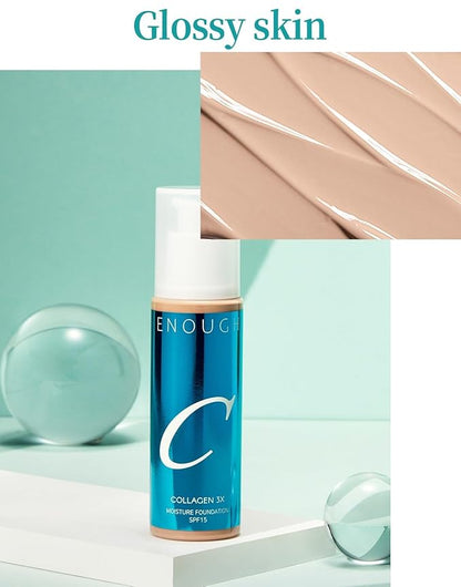 ENOUGH COLLAGEN 3X Moisture Foundation SPF 15, Korean Makeup Full Coverage Tinted Moisturizer, Skin Care Face Sunscreen for Women (#21N Clear Beige, 3.38 fl oz / 100ml)