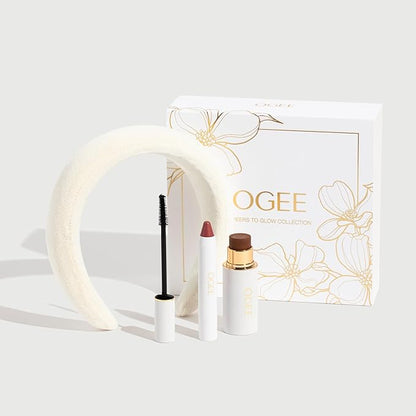 Ogee Cheers to Glow Limited-Edition Set - Sculpted Face Stick in Copper, Tinted Sculpted Lip Oil in Rosalia, and Beyond Clean Volumizing Mascara