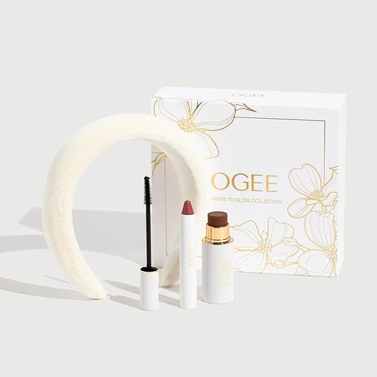 Ogee Cheers to Glow Limited-Edition Set - Sculpted Face Stick in Copper, Tinted Sculpted Lip Oil in Rosalia, and Beyond Clean Volumizing Mascara