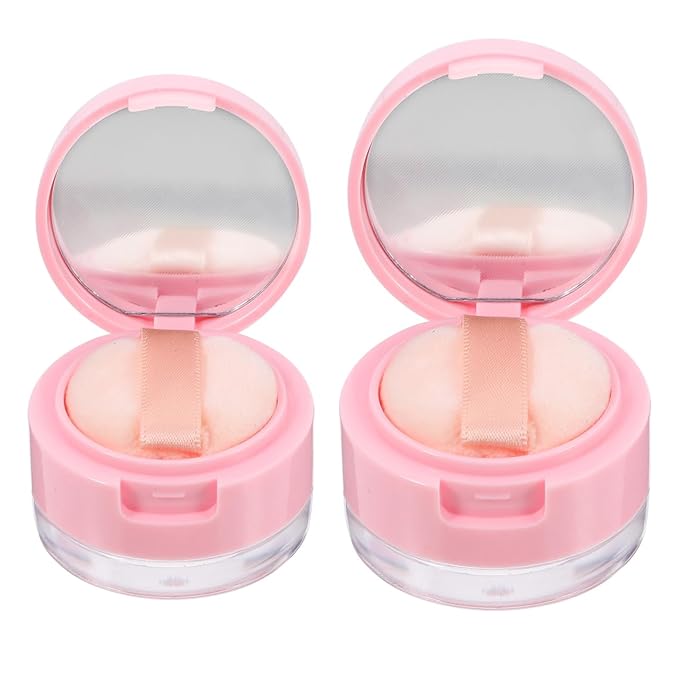 2Pcs Mini Loose Powder Box with Mirror - Travel Cosmetic Case with Dual Puff (3g & 5g) for Body and Face Powder, Pink