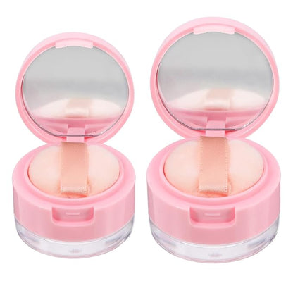 2Pcs Mini Loose Powder Box with Mirror - Travel Cosmetic Case with Dual Puff (3g & 5g) for Body and Face Powder, Pink