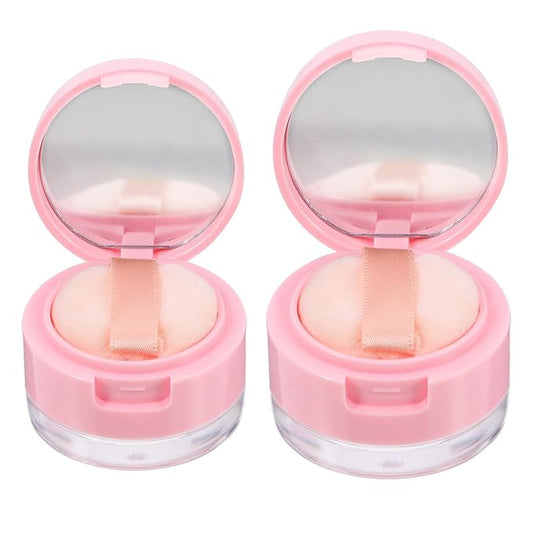 2Pcs Mini Loose Powder Box with Mirror - Travel Cosmetic Case with Dual Puff (3g & 5g) for Body and Face Powder, Pink