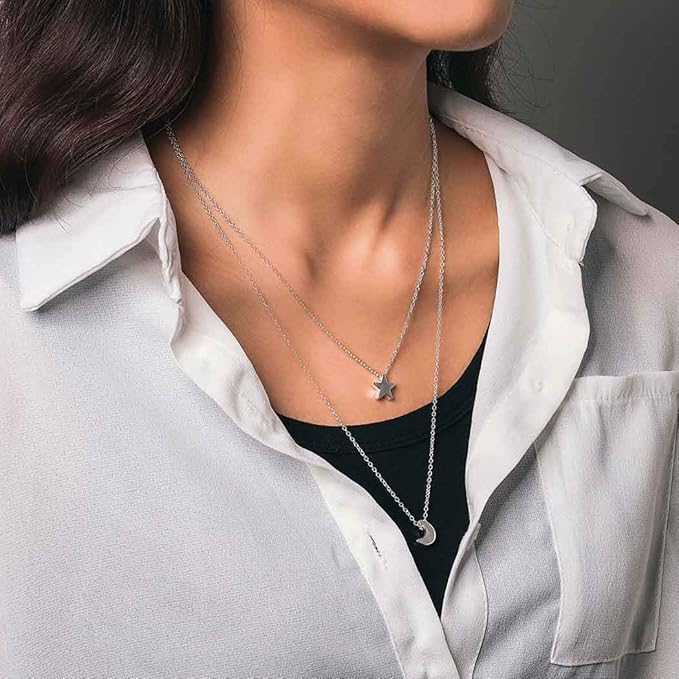 Bohemian Layered Necklace Moon Star Necklace Chain Long Pendant Necklaces Jewelry for Women and Girls (Silver)